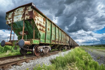 Obraz premium Green Grain Hopper Car: Cargo Delivery and Environment Protection in Railroad Wagon Container
