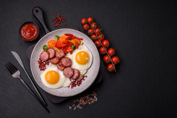 Delicious nutritious breakfast with fried eggs, sausage, steamed vegetables