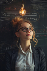 Beautiful woman with glasses gazing up to the right with a blackboard behind her and an illuminated light bulb above her head