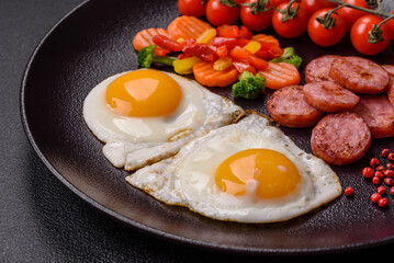 Delicious nutritious breakfast with fried eggs, sausage, steamed vegetables