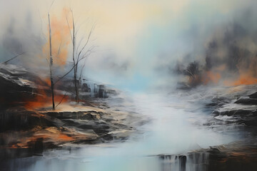 melancholic river fog. abstract landscape painting, generative ai