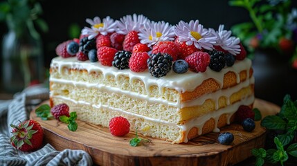   A close-up photo of a slice of cake placed on a wooden platter with fresh berries and daisies decorating the top - Powered by Adobe