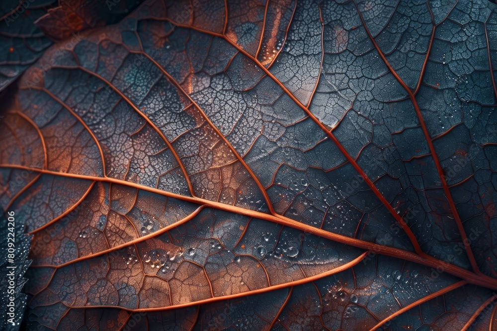 Aufkleber detailed macro shot showing a leaf with intricate veins covered in water droplets, a detailed macro 