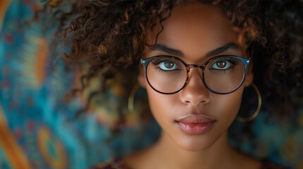 close up portrait of a black African American woman with curly hair and glasses