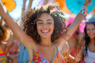 A diverse, energetic group of millennials dancing with joy and excitement at a lively music festival, epitomizing youth and fun.