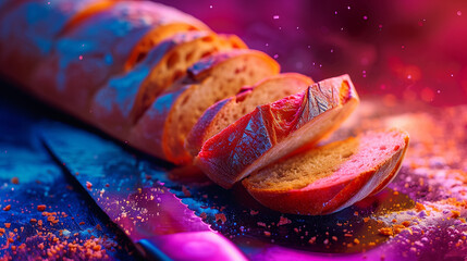 a bread put on kitchen wood plate with knife for cut. neon light - Powered by Adobe