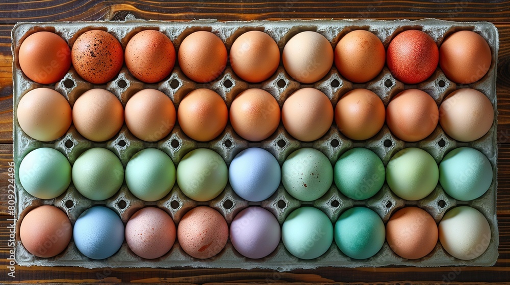 Wall mural   A dozen eggs in a carton on a wooden table with a tabletop in the backdrop