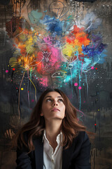 Portrait of woman looking upwards to a creative inspiration colourful  cloud over her head
