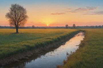 Rustic Sunset: Equine Silhouettes and Riverside House
