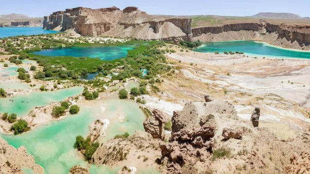 Afghanistan, Bamiyan (Bamian or Bamyan) province, Band-e Amir National Park, panoramic view of deep blue and turquoise water of Band-e Panir lake, one of the main tourist attractions in Afghanistan