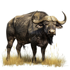 Fototapeta premium A stoic buffalo standing in a grassy field isolated on white background