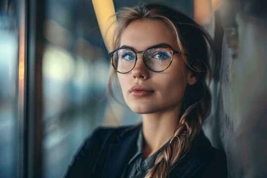 A woman wearing glasses gazes out a window with a thoughtful expression, A determined business woman making important decisions