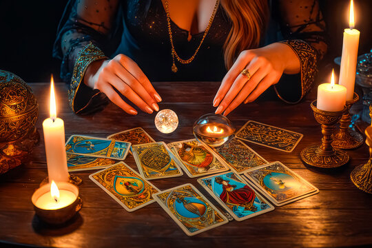 Tarot reader chooses Tarot cards. Fortune teller reads cards