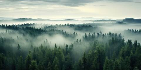 Air aerial nodric forest evening fog misty weather scene view. Adventure explore trip travel vibe inspiration