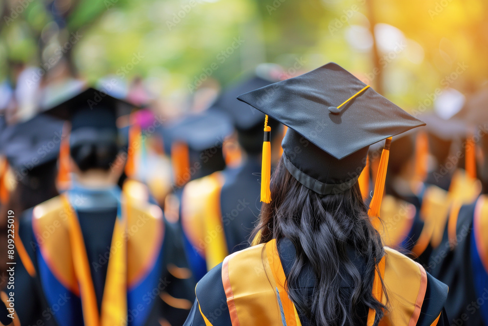 Wall mural rear view of university graduates wearing graduation gown and cap in the commencement day, depth of 