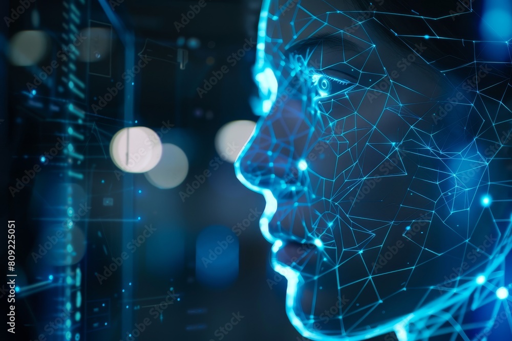 Poster close-up of a womans face with intricate lines and dots drawn on it, a digital avatar of an ai entit