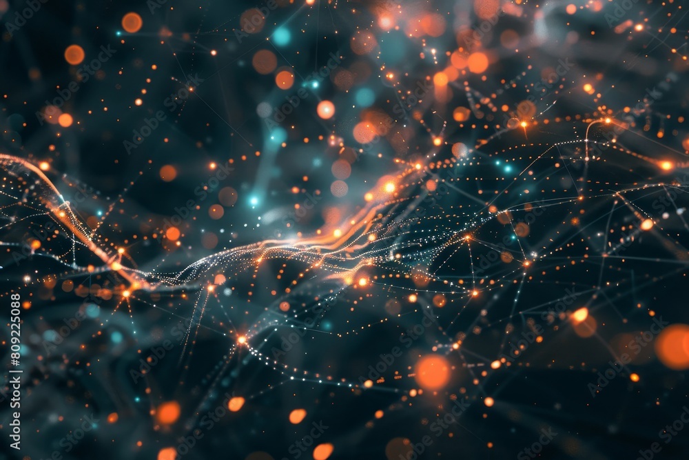 Poster Dark background with glowing lights and intricate lines creating a mesmerizing visual display, a digital brain visualized as a intricate web of connections and nodes