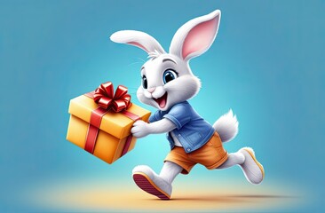 Cute bunny with a gift. Flat cartoon illustration of a happy little rabbit hugging a big gift box on blue background.