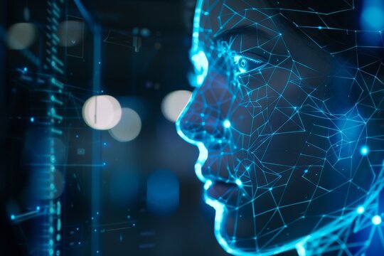 Close-up of a womans face with intricate lines and dots drawn on it, A digital avatar of an AI entity communicating with a human through a screen