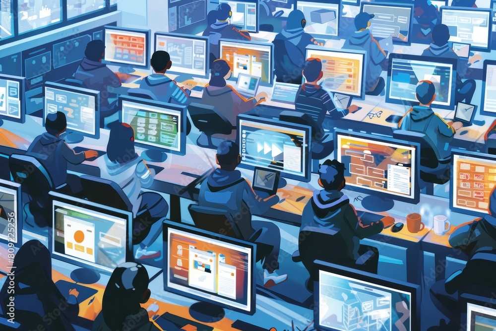 Poster students in a digital classroom sitting in front of computer monitors, engaging and learning virtual