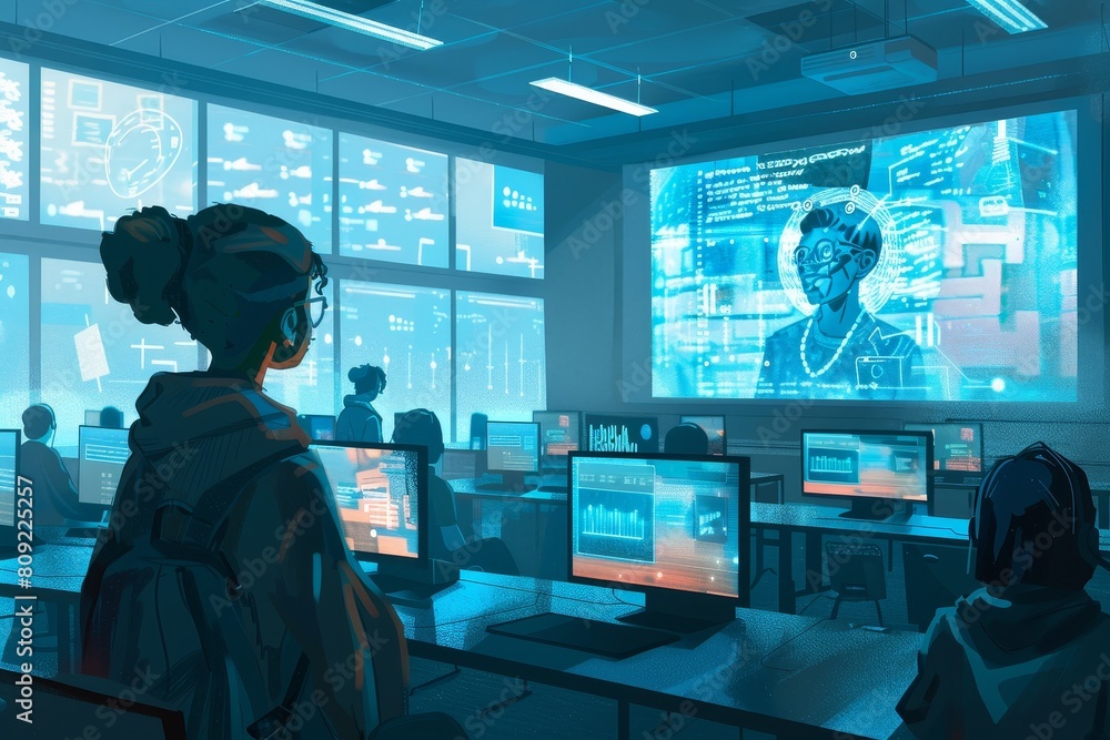 Poster a woman stands in a digital classroom, interacting with students through virtual learning on a compu
