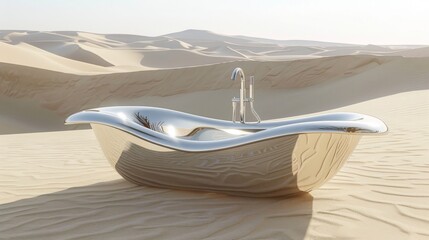 Standalone bathtub in a desert setting, wide shot. Unique and luxury bathroom design concept. Design for travel and lifestyle magazine, architectural digest