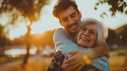 A man embraces a old mother woman warmly in a park setting, expressing love and affection during sunset.