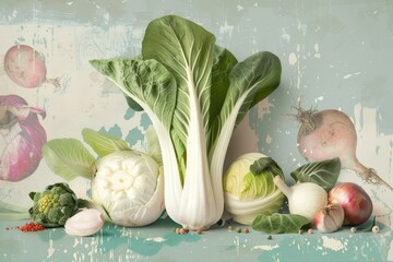 Various fresh vegetables, including bok choy, arranged neatly on a wooden table, A digital collage incorporating bok choy alongside other produce