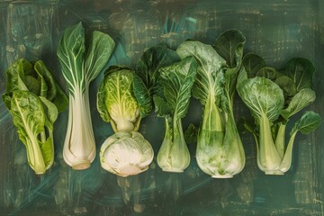 Various green vegetables like bok choy arranged neatly on a wooden table, A digital collage incorporating bok choy alongside other produce - obrazy, fototapety, plakaty