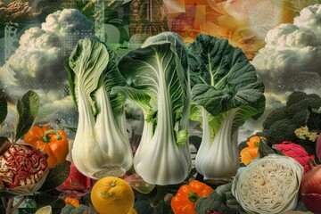 A collage of fresh vegetables and fruits including bok choy against a backdrop of clouds, A digital collage incorporating bok choy alongside other produce - obrazy, fototapety, plakaty