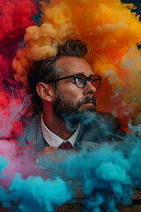 Man with beard and glasses wearing shirt and tie and enveloped in colourful thick smoke