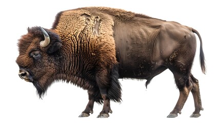 Majestic American Bison Isolated on White. Wildlife Portrait. Powerful Stance of Wild Bison. Stock Photography for Educational Use. AI