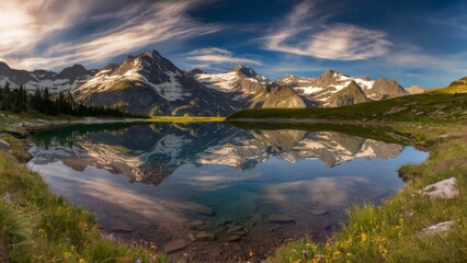 Fototapeta premium Serene Alpine Lake Reflecting Majestic Snow-Capped Mountains at Sunrise