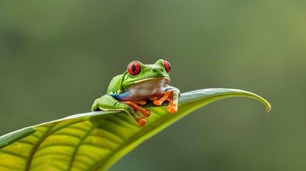 Vibrant Red-eyed Tree Frog Perched on Green Leaf. Wildlife Photography Captures Vivid Amphibian. Ideal for Nature Themes and Conservation Projects. AI