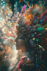 Woman with an exotic spiritual and exotic headdress and clothes with ethereal energy flowing around her