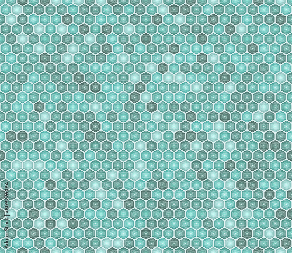 Poster pattern of geometric shapes. teal color tones gradients. rounded stacked hexagons mosaic pattern. he