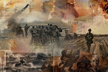 A collage of historical war photographs featuring soldiers engaged in various military activities, A digital collage of historical war photographs and quotes