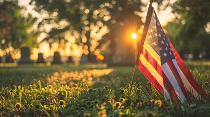 American military cemetery with flag