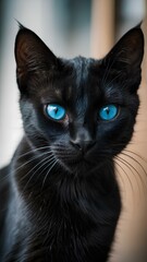 Close-up view of a Black Cat pet face with blue eyes. AI Generated