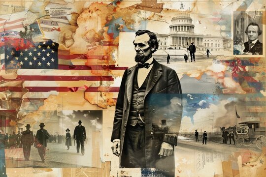 Collection of varied historical photographs and illustrations featuring Abraham Lincoln, A digital collage of historical photos and illustrations celebrating American history