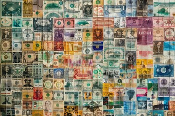Assorted international currency bills creatively arranged in a digital collage, A digital collage of various currencies from around the world