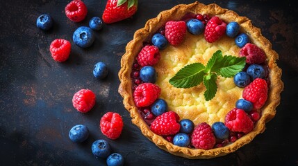   A pie with raspberries, blueberries, and red raspberries atop a black surface Nearby, more red...