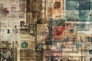 A collage featuring a variety of currencies from around the world, A digital collage of various currencies from around the world