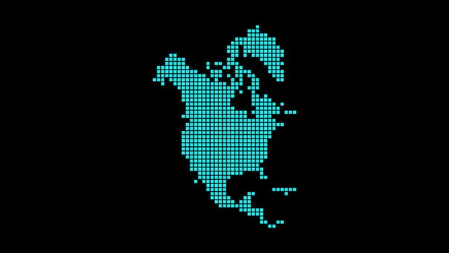 North America digital map. Map of North America in dotted style. Shape of the continent filled with rectangles. Astonishing video.