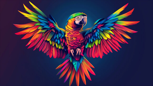 A vibrant and colorful parrot mascot logo, with feathers ruffled and wings spread wide, representing vibrancy and energy, Mascot Logo, Animals