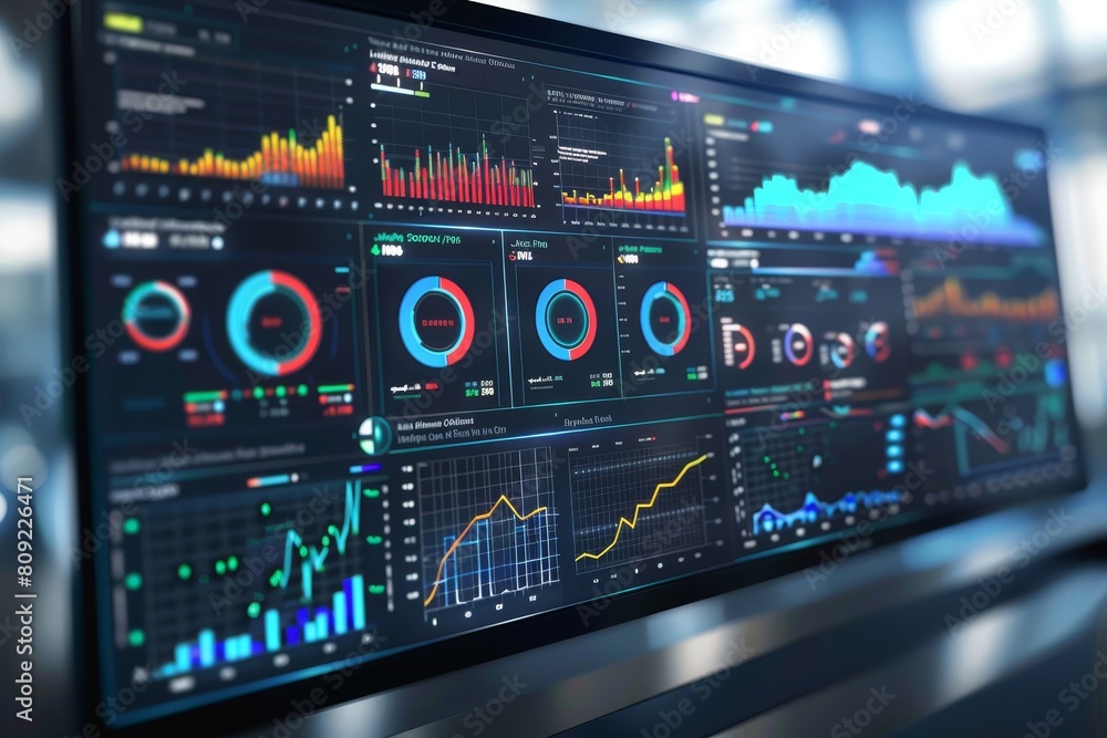 Poster a computer screen showing an extensive amount of data related to performance metrics and key indicat