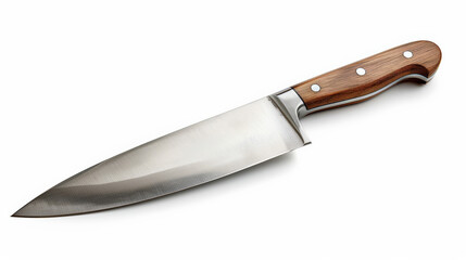 Professional chef's knife, stainless steel with a wooden handle, isolated on a white background 