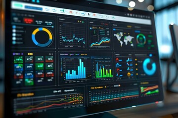 A computer screen displaying a plethora of data and information related to key performance indicators, A digital dashboard tracking key performance indicators