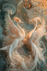 2 soulmates in the form of Phoenix birds in an ethereal liquid with small bubbles.