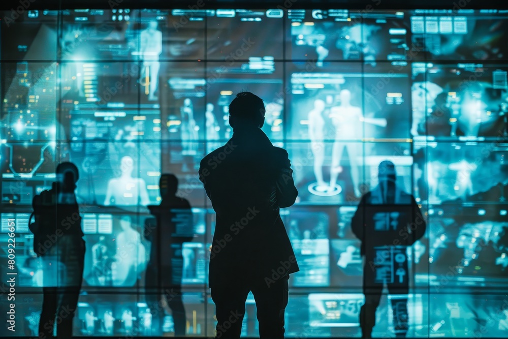 Poster silhouette of a woman standing in front of a wall displaying various images, a digital display of in